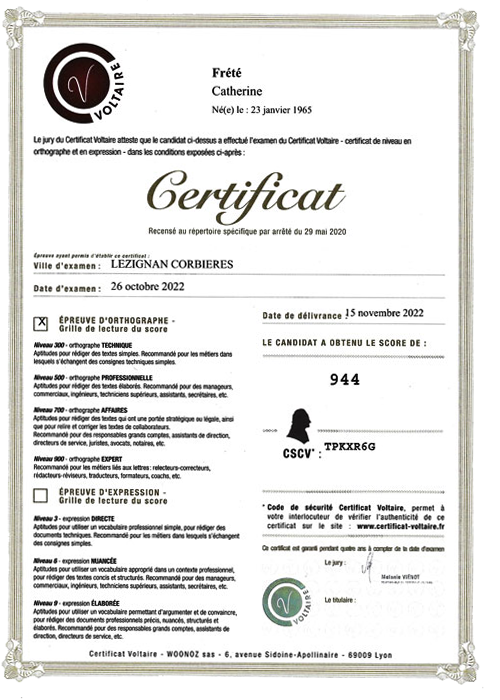 certificat Voltaire Catherine Frété